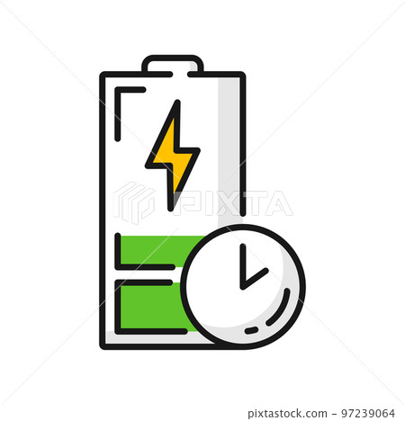 Electric car low battery, time to charge hybrid vehicle isolated color icon. Vector weak battery power, bolt or flash sign, electric vehicle quick charge 97239064