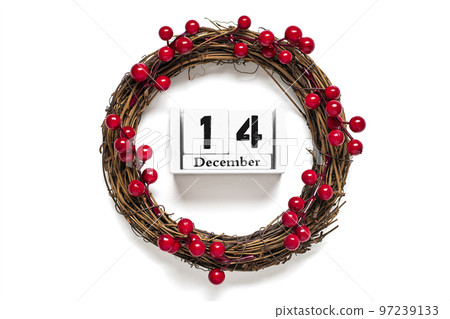 Christmas wreath decorated with red berries, wooden calendar date 12 December isolated on white background Concept of Christmas preparation, atmosphere Wishes card Hand made Christmas wreath Flat lay. Christmas wreath decorated with red berries, wooden calendar date 12 December isolated on white background Concept of Christmas preparation, atmosphere Wishes card Hand made Christmas wreath Flat lay. 97239133