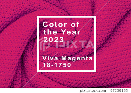 The texture of warm knitted sweater. Beautiful handmade knitted repeating pattern. Demonstrating Pantone color of the year 2023 viva magenta. The texture of warm knitted sweater. Beautiful handmade knitted repeating pattern. Demonstrating Pantone color of the year 2023 viva magenta. 97239165