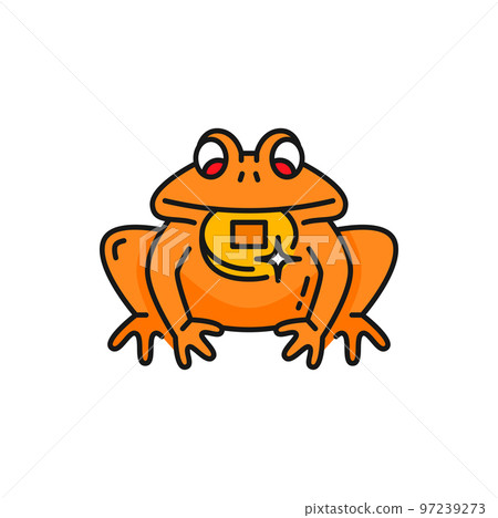 Frog with money coin, chinese Feng Shui symbol color outline icon. Vector Feng Shui charm and prosperity symbol. Jin Zhaocai Chan Chu money road frog 97239273