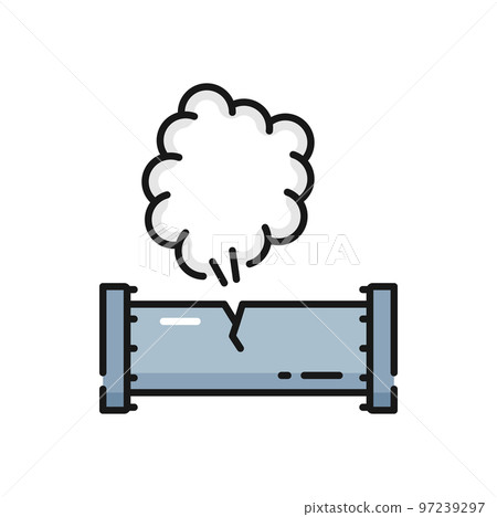 Gas leak in pipeline isolated color outline icon. Vector pressure and leakage in factory piping system, engineering failure, plumbing need to repair 97239297