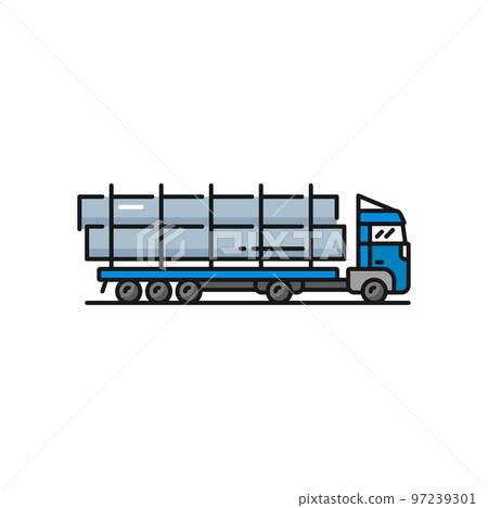 Long vehicle trailer truck oil industry transport. Vector pipeline transportation machine, pipe transporting truck, gas and oil industry transport 97239301