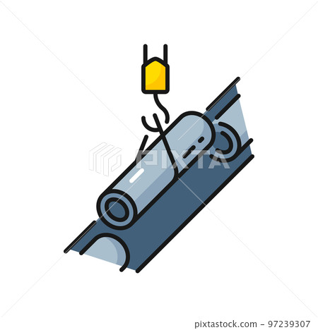 Metal pipe on tap isolated pipeline construction color outline icon. Vector lifting hook moving loads with iron pipe, oil and gas industry equipment Metal pipe on tap isolated pipeline construction color outline icon. Vector lifting hook moving loads with iron pipe, oil and gas industry equipment 97239307
