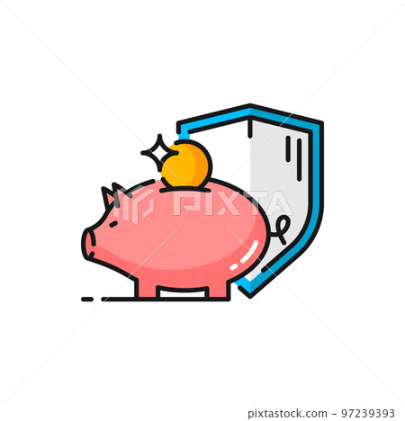 Personal savings, isolated save money insurance color outline icon. Vector financial loss protection symbol, risk management sign, piggy bank with shield Personal savings, isolated save money insurance color outline icon. Vector financial loss protection symbol, risk management sign, piggy bank with shield 97239393