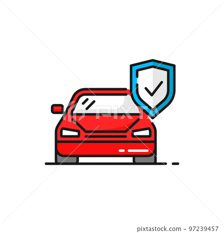 Auto insurance and safety shield isolated outline color icon. Vector transport insurance, risk coverage sign. Vehicle protection symbol, secure of theft 97239457
