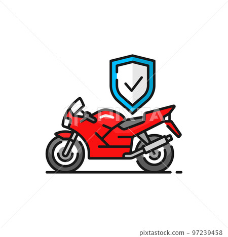 Insurance motorcycle color outline icon, moto safety concept. Vector motorbike and protective shield. Fast motorbike, insurance service company sign 97239458