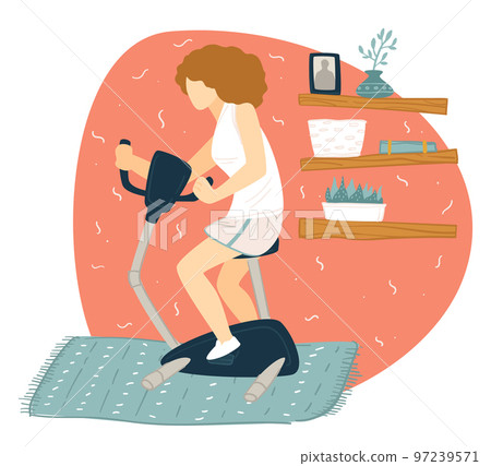 Woman using bike at home to keep fit 97239571