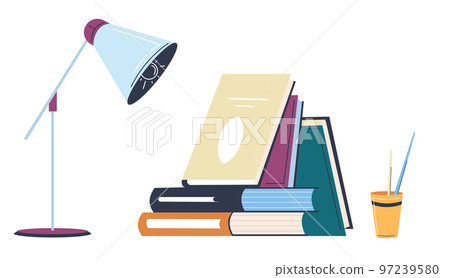 Pile of books with pencils and lamp vector 97239580