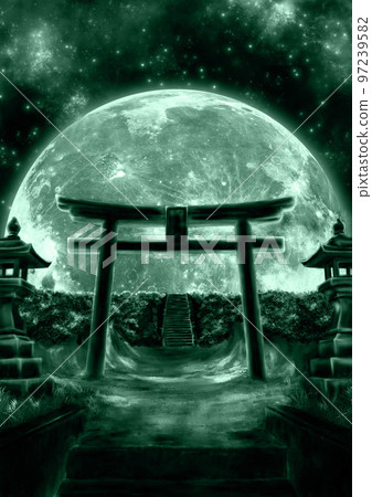 大月亮和鳥居門的綠色插圖 97239582