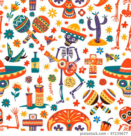 Dia de los muertos, skeleton playing guitar vector Dia de los muertos, skeleton playing guitar vector 97239677