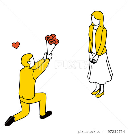 A man on one knee proposes to a woman, giving her a bouquet of roses 97239734