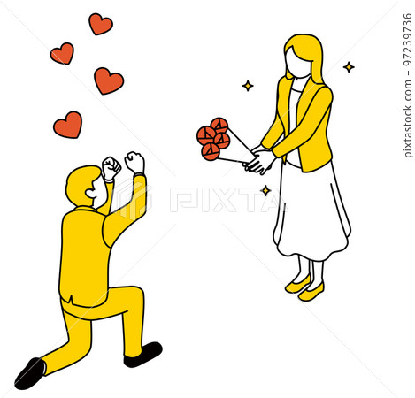 一個單膝跪地的男人向一個女人求婚，一個女人接受一束玫瑰 97239736
