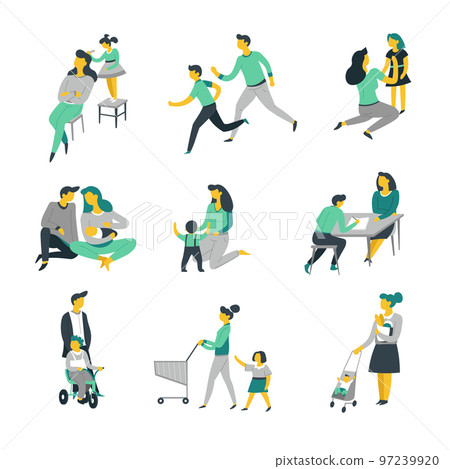 Bringing up child baby care parents and kids isolated characters 97239920