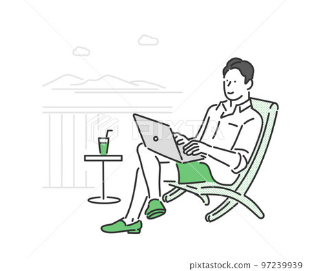 Illustration material of a male business person who opens a personal computer while traveling and works 97239939
