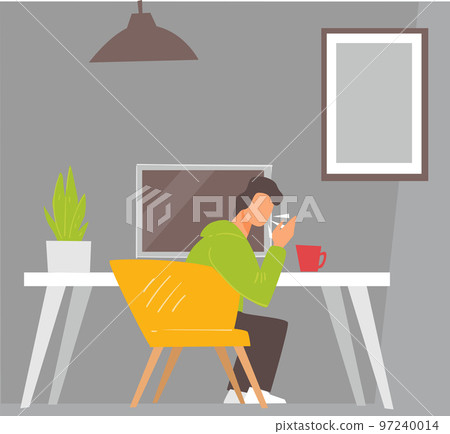 Male character coughing and sneezing at working space Male character coughing and sneezing at working space 97240014