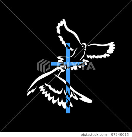 Dove flying with a Symbol of Religion. Cross on a black background. Dove Of Peace. No war. Freedom to Ukraine . Vector illustration. Dove flying with a Symbol of Religion. Cross on a black background. Dove Of Peace. No war. Freedom to Ukraine . Vector illustration. 97240015