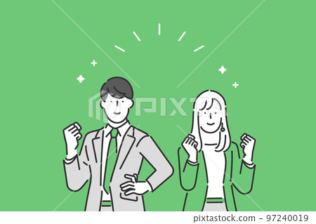 男性和女性商務人士的插圖素材,他們以積極的表情擺出膽量姿勢 男性和女性商務人士的插圖素材,他們以積極的表情擺出膽量姿勢 97240019