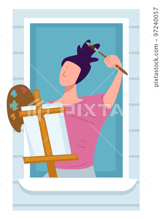 Artist drawing on easel on balcony, quarantine activities 97240057