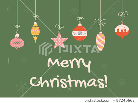 Groovy Christmas card with christmas toys. Christmas and New Year celebration concept. Good for greeting card, invitation, banner, web design. 97240662