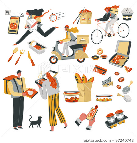 Quick food delivery in time, deliveryman with meal 97240748