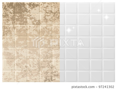 Tiled walls are dirty and clean. It is a comparison picture before and after cleaning. Used to advertise cleaners on bathroom walls, floors. Realistic EPS file. 97241302