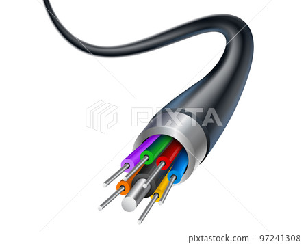 Cable isolated on white background. Detail of electronic wires with shallow depth of field view. Realistic EPS file. 97241308