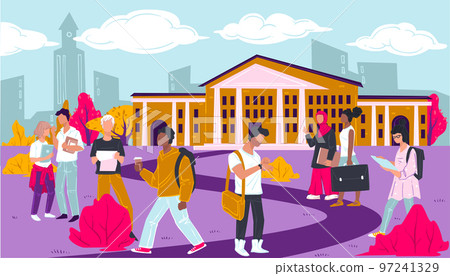 University with students outdoors, teenagers preparing for classes 97241329