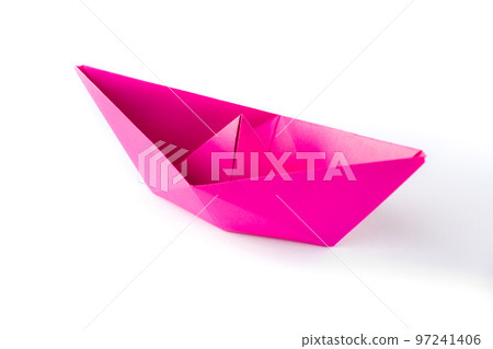 Pink paper boat origami isolated on a white background Pink paper boat origami isolated on a white background 97241406