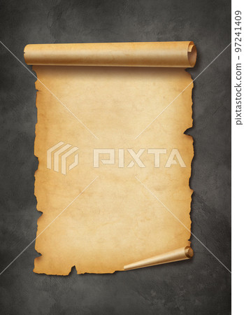 Old mediaeval paper sheet. Parchment scroll on a concrete wall 97241409