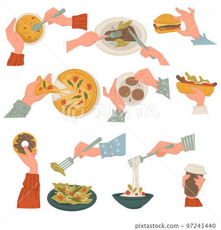 Eating italian and american cuisine dishes with hands Eating italian and american cuisine dishes with hands 97241440