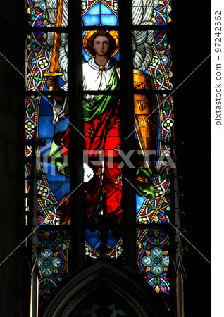Stained glass window detail with Biblical scene Stained glass window detail with Biblical scene 97242362