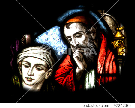 Stained glass window detail with Biblical scene Stained glass window detail with Biblical scene 97242363