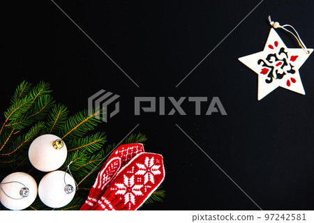 Christmas background with balls, fir tree branches Christmas background with balls, fir tree branches 97242581