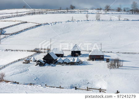 Winter mountain village landscape Winter mountain village landscape 97243279