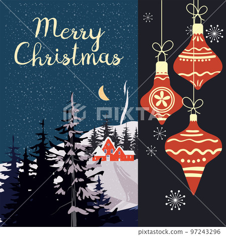 Retro Merry Christmas greeting card, background. Christmas balls, winter village 97243296