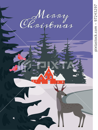 Retro poster Winter village rural winter snow landscape, Merry Christmas retro greeting card 97243297