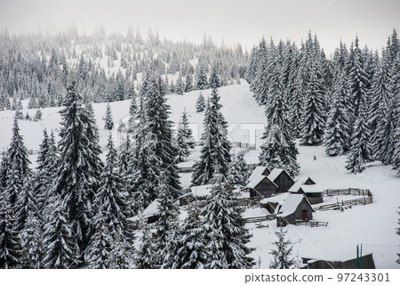 Alpine village in winter in Transylvania Alpine village in winter in Transylvania 97243301