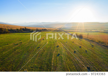 Aerial view of a green field with round haystacks 97243363