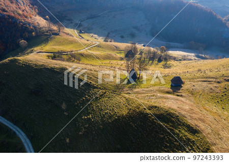 Aerial view of autumn countryside scene Aerial view of autumn countryside scene 97243393