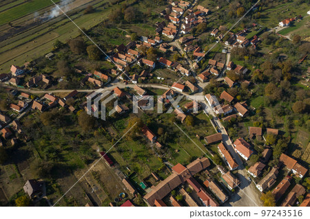 Aerial drone view of the village of Rimetea, Romania 97243516