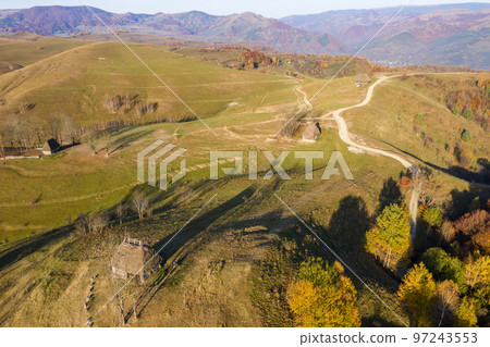 Aerial view of mountain homestead Aerial view of mountain homestead 97243553