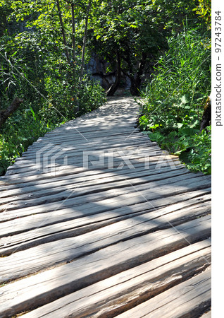 Wooden Bridge over a Pond in Plitvice National Park Wooden Bridge over a Pond in Plitvice National Park 97243784
