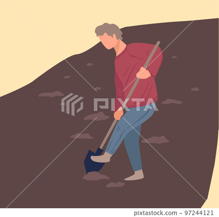 Farmer digging holes in soil, planting or cultivating field 97244121