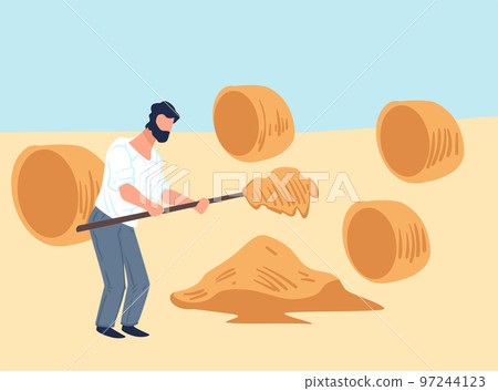 Farming man making hay bales from dry grass 97244123