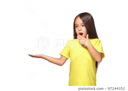 Little girl holds out her hand in surprise Little girl holds out her hand in surprise 97244352