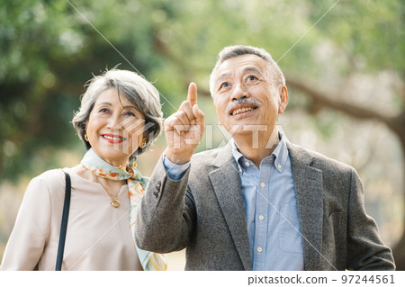 優雅的年長夫婦在戶外微笑 優雅的年長夫婦在戶外微笑 97244561