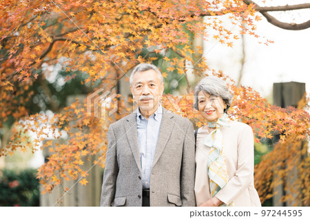 Classy senior couple smiling outdoors 97244595