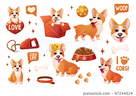 Set corgi dog stickers with crown, wings, sitting, adorable pet, activities in cartoon style isolated on white background. Comic emotional character, funny pose Set corgi dog stickers with crown, wings, sitting, adorable pet, activities in cartoon style isolated on white background. Comic emotional character, funny pose 97244824