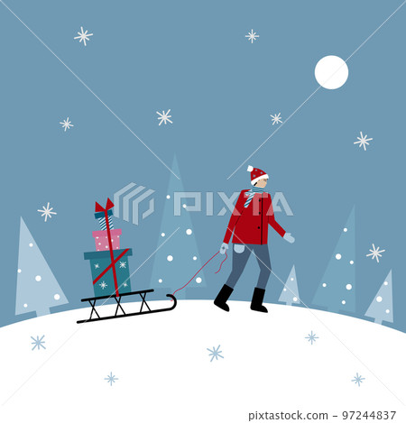 Cute Christmas vector illustration of a man with red hat and scarf is holding sleigh with stack of presents, carrying to home or office against blue sky, snow and moon. Christmas preparations. 97244837