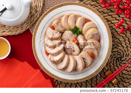 Delicious sliced chicken roll soaked in Chinese wine for lunar new year's dishes. Delicious sliced chicken roll soaked in Chinese wine for lunar new year's dishes. 97245178